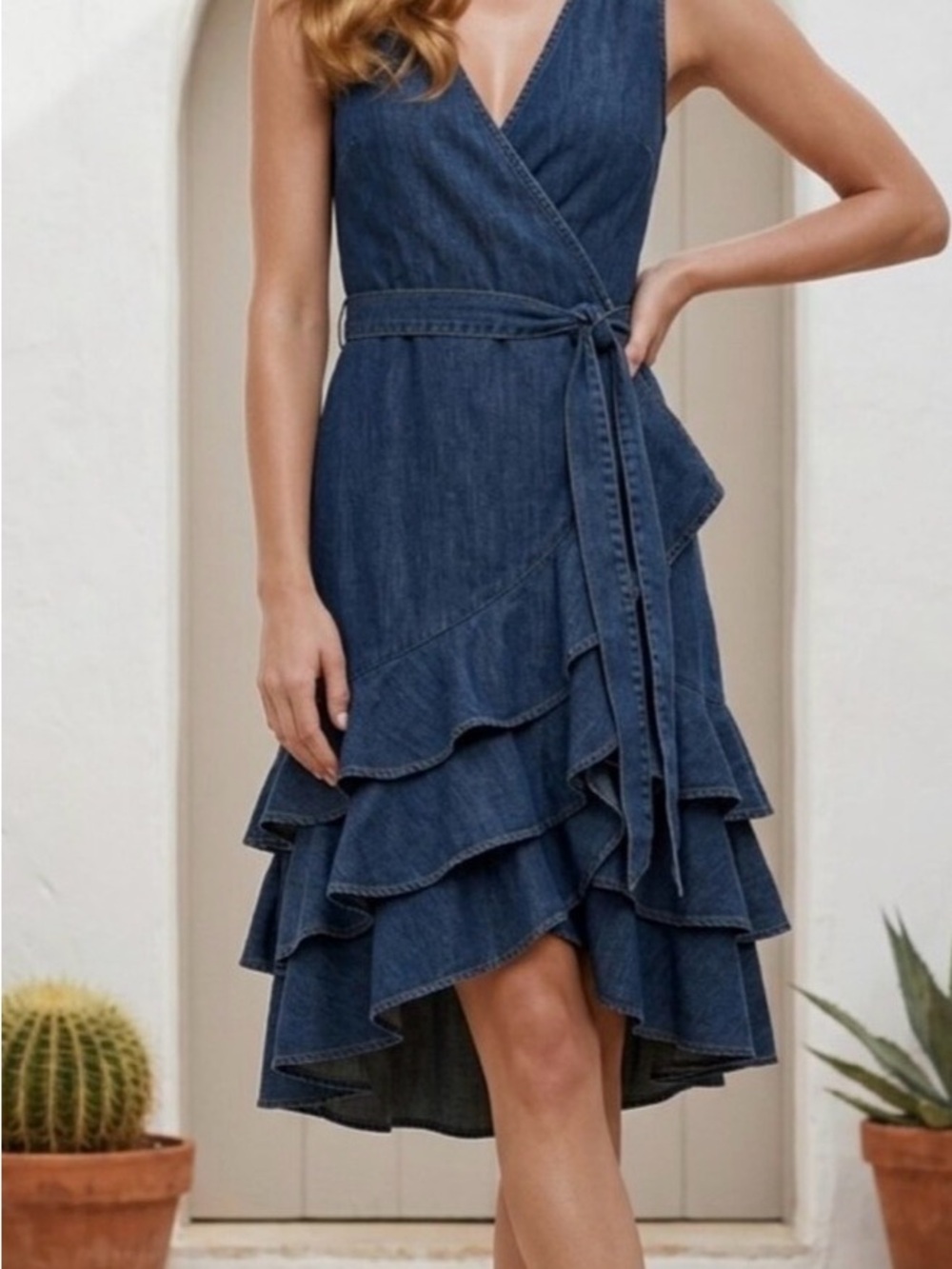 Denim Wrap Ruffle Dress - Blue